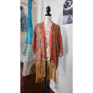 Paisley Kimono Robe Orange & Blue Duster Gold Trim Tassels OSFM